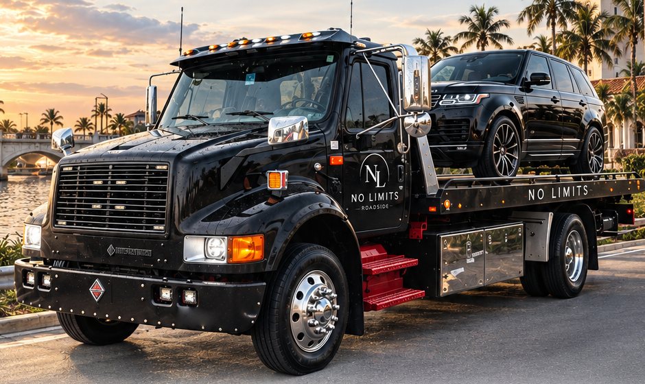 A black flatbed tow truck carrying a black Range Rover on a waterfront road lined with palm trees.