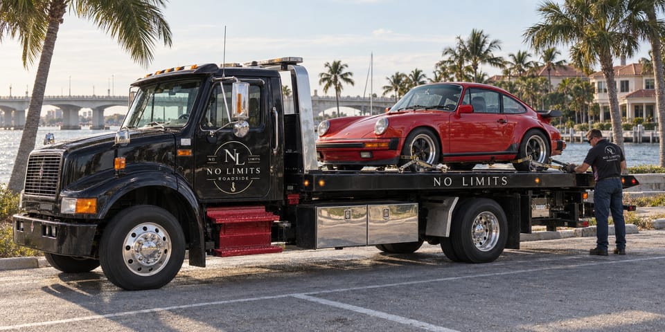 A red air-cooled Porsche 911 secured on the level bed of a black flatbed tow truck at a waterfront pull-off, with palms and a low bridge behind.
