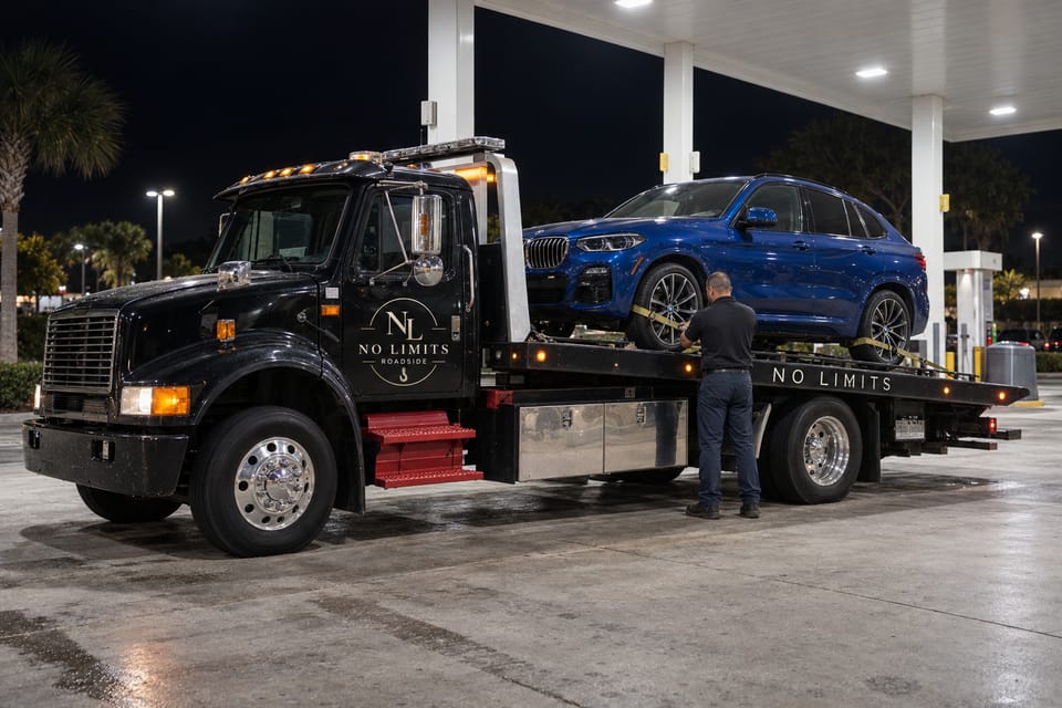 A black flatbed tow truck at night under a fuel-station canopy, a blue BMW sport utility vehicle secured on the bed, an operator standing at the bedside.