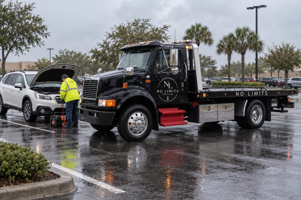 A black flatbed tow truck parked on wet tarmac beside a white crossover with its hood open, an operator in a yellow high-visibility jacket attending to it in the rain.